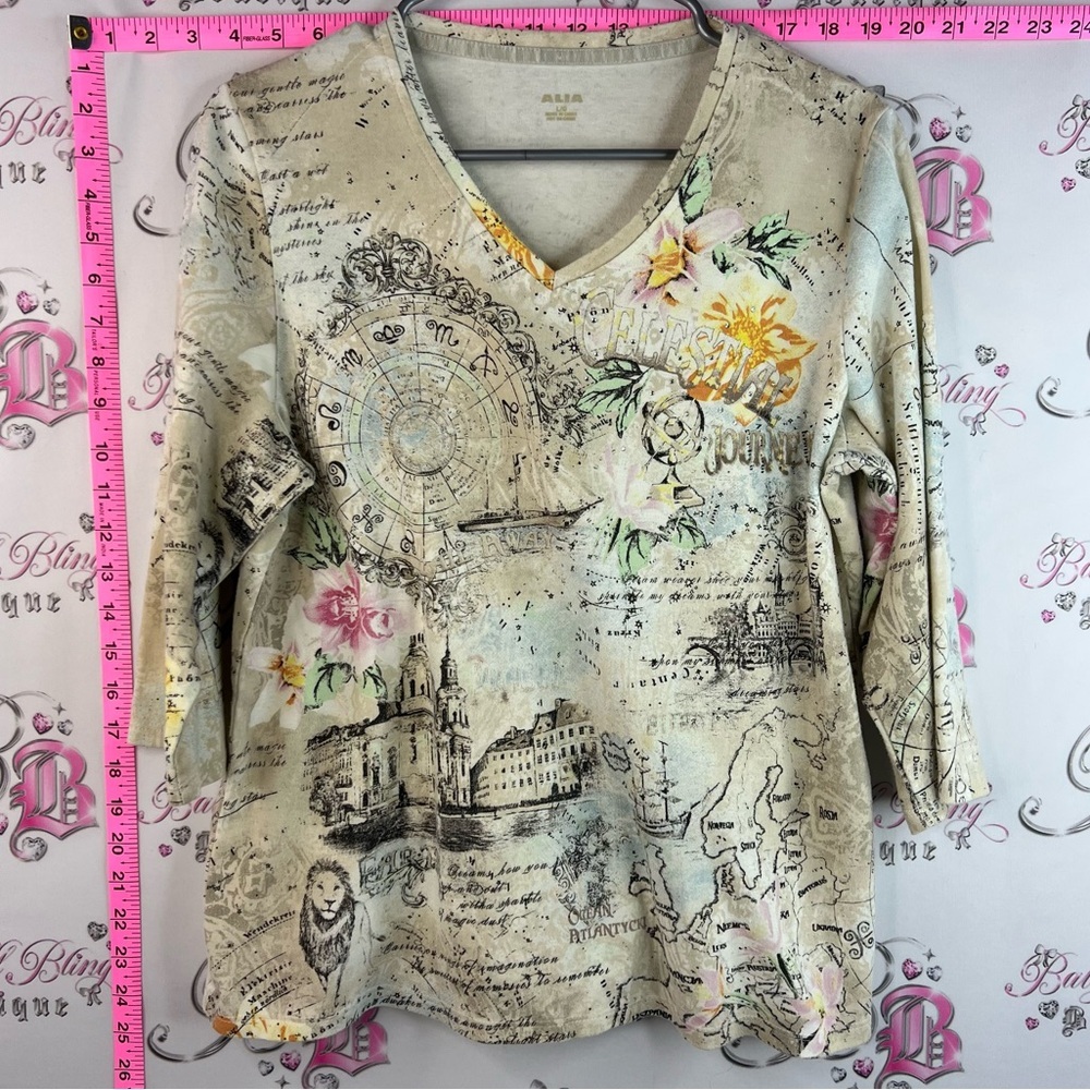 Alia shirt horoscopes Beige V-Neck Long Sleeve Top with Floral & Map Print